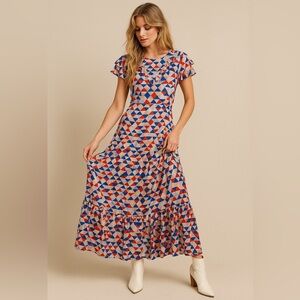 Traffic People Geometric Ruffle Maxi Dress Blue Red Art Deco Print Size S